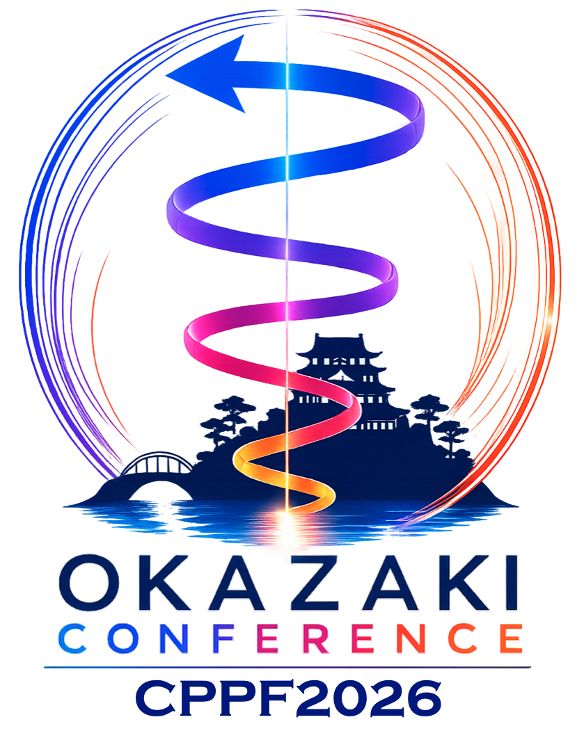Official logo of CPPF2026 (Circularly Polarized Photonics Frontier), depicting a stylized circularly polarized light spiral over the silhouette of Okazaki Castle, enclosed by red and blue circular arcs.